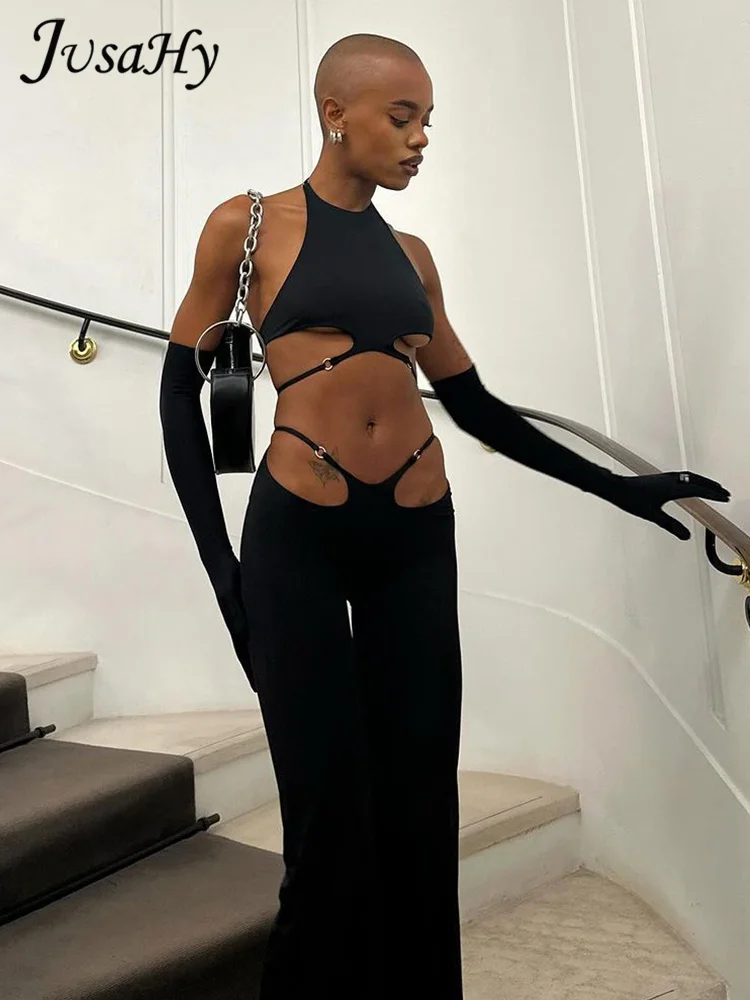 Jusahy Halter Sexy Two Piece Set Women 2024 New Backless Bare Midriff Tanks+Cut Out Slim Pants Female Attractive Party Clubwear