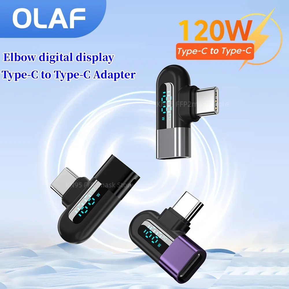 Olaf 120W Type C to Type C Adapter Elbow Digital Display USB C Adapator Fast Charging Type C Converter For Samsung Huawei Xiaomi