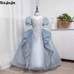 Graceful Blue Girls Princess Dresses Birthday Party Fashion Puff Sleeves Embroidery Beads Ball Gown Kids Wedding Guest Clothes