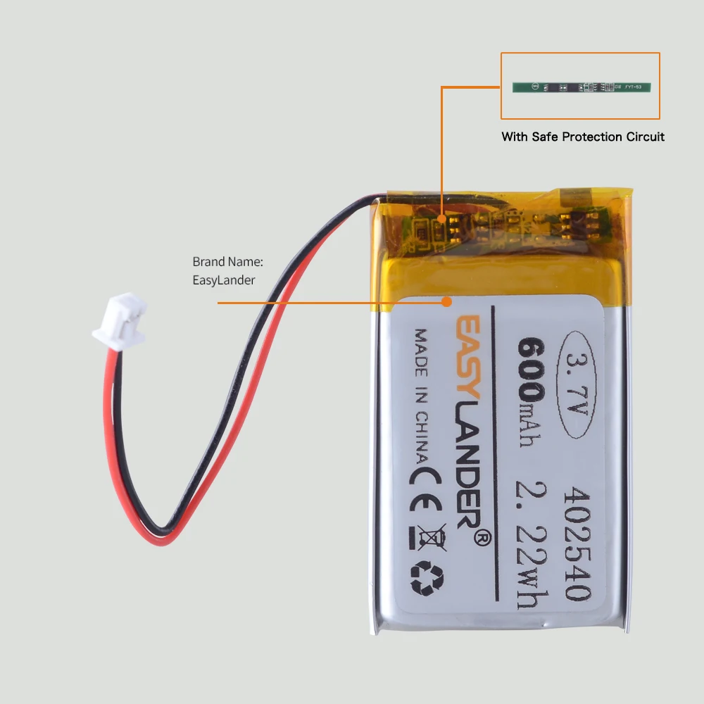 XHR-2P 1.25 مللي متر 3.7 فولت 600 مللي أمبير 402540 ليثيوم بوليمر قابلة للشحن يبو بطارية ليثيوم أيون ل GPS MP3 تنقية ساعة ذكية ضوء الليل