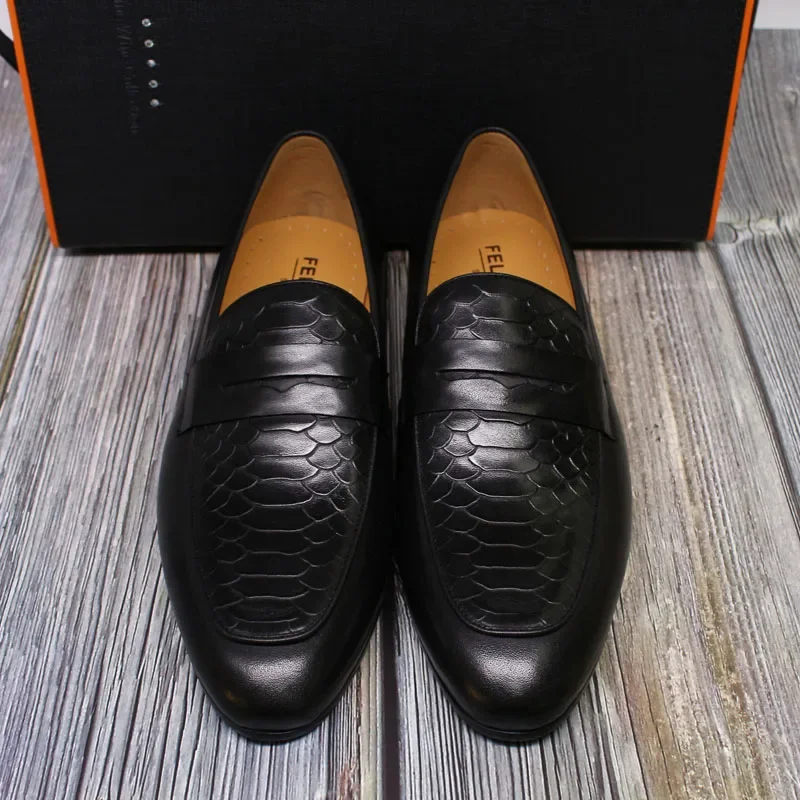FELIX CHU Luxury Mens Loafer Shoes Genuine Leather Snake Print Wedding Party Casual Men Dress Shoes Slip-On Footwear Comfortable