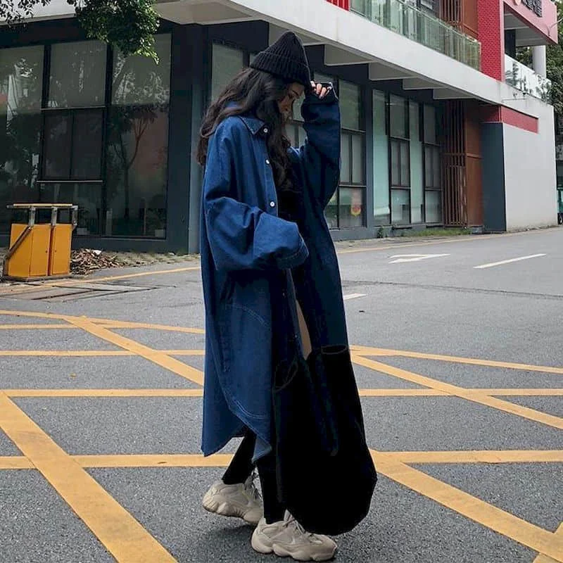 Denim Trench Coats Women Long Sleeve Casual Korean Style Workwear Jackets Vintage Ankle Length Oversized One-piece Women Tops