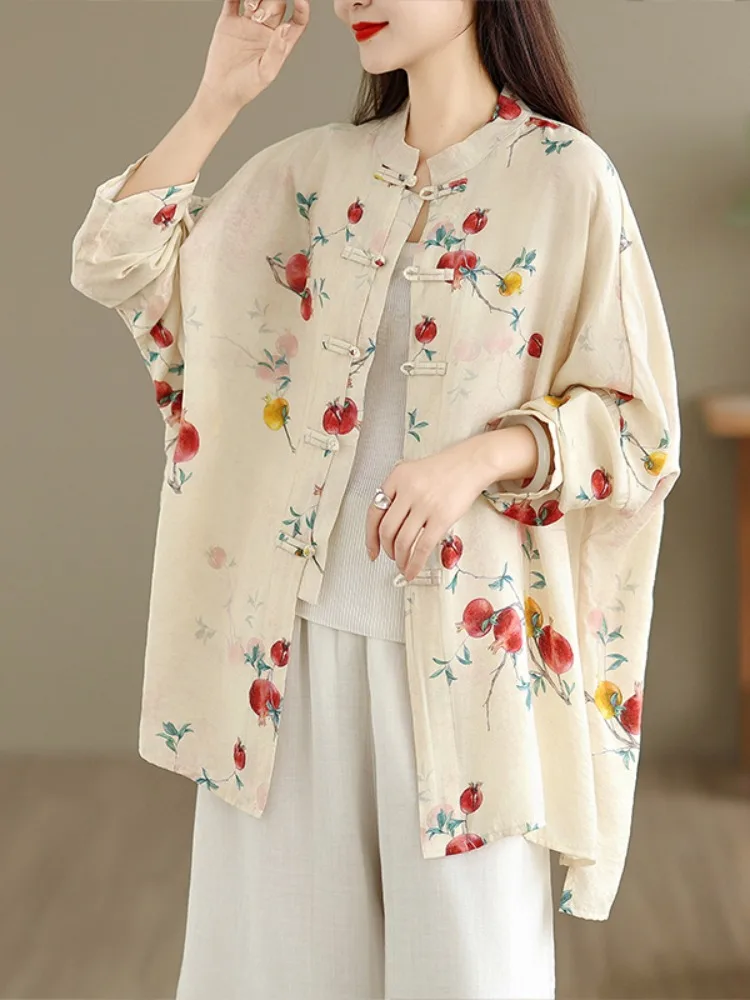

Women's Cotton Linen Long Sve irt Vintage Zen Print Outerwear Cardigan Tea Costume Jaet Loose Fit Button up Top