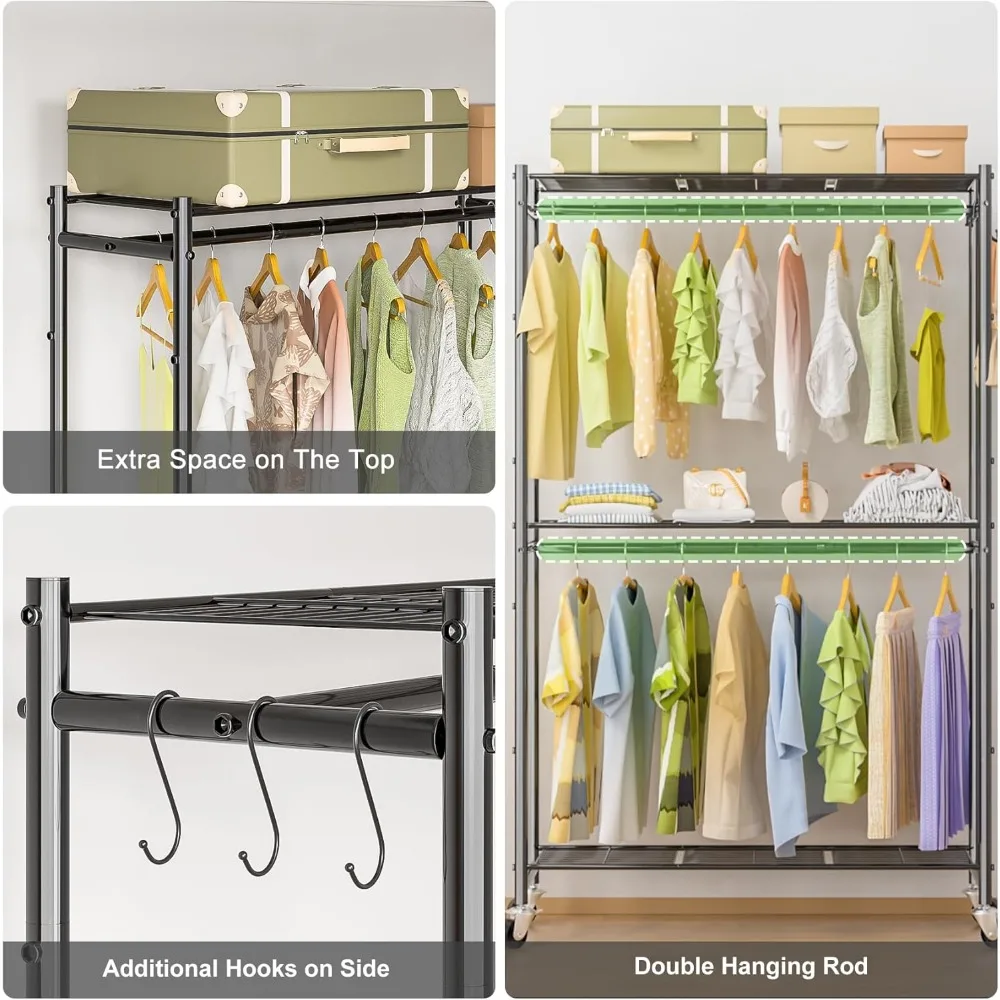 Rolling Clothes Rack for Hanging Clothes, 300Lbs Capacity Garment Rack with Double Rods & 3 Wire Shelves, Cloth Wardrobe