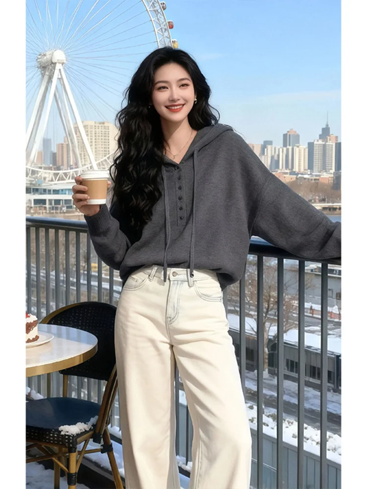 

Вязаный свитер Ele Long Sve с шапкой и пуговицами для женщин, утепленный, осенне-зимний, новый, мягкий, вязаный топ Cleanfit