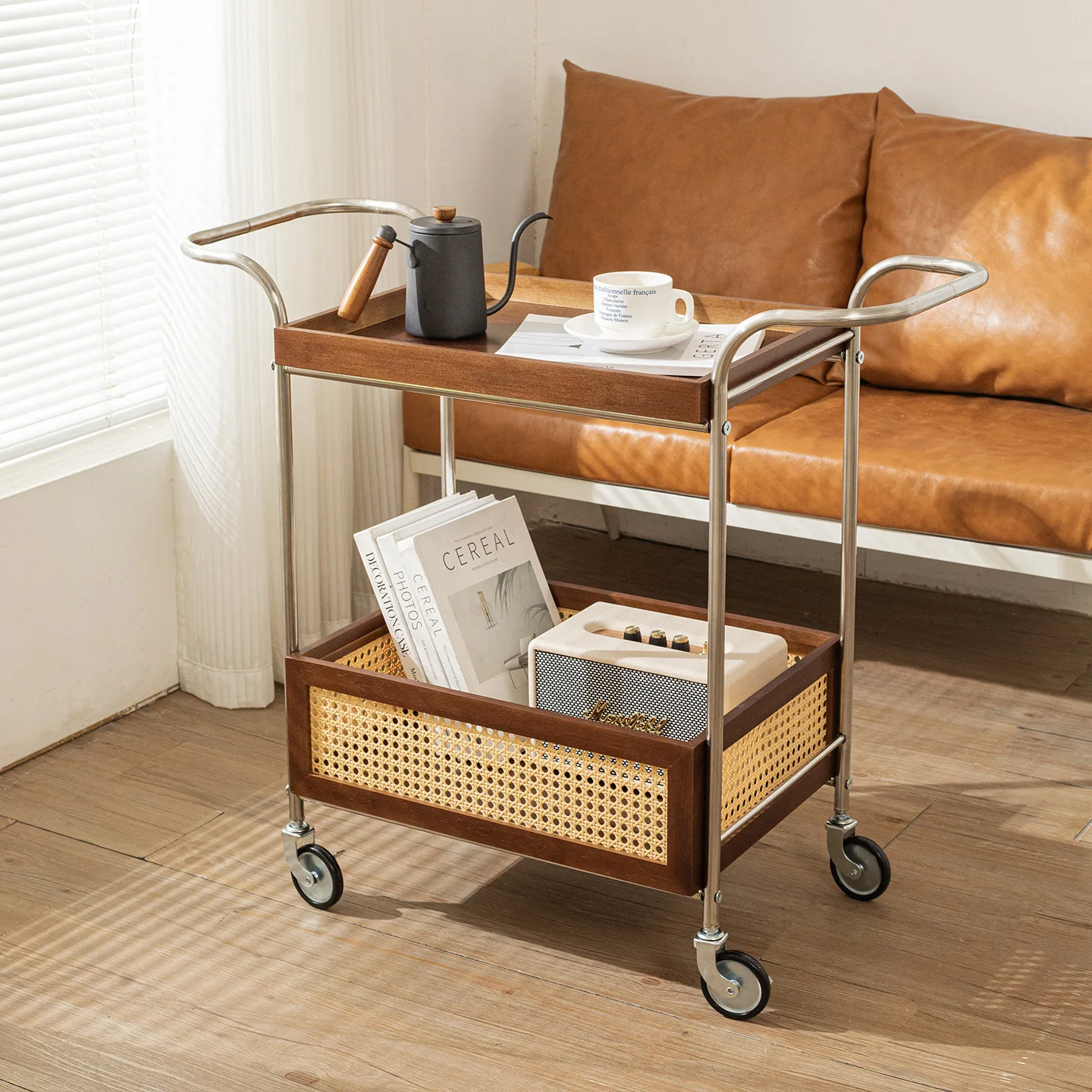 HYSDIY stainless steel wheeled trolley living room retro movable sofa side coffee table storage