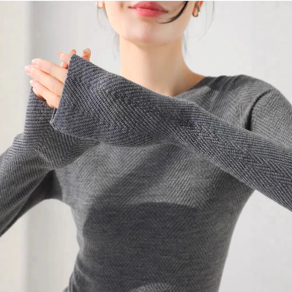 Women Texture Boat Neck Wool Knit Sweater Long Sleeve Slim  Pullover Soft Elastic Warm Knitted Top Layering Basic Woolen Shirt