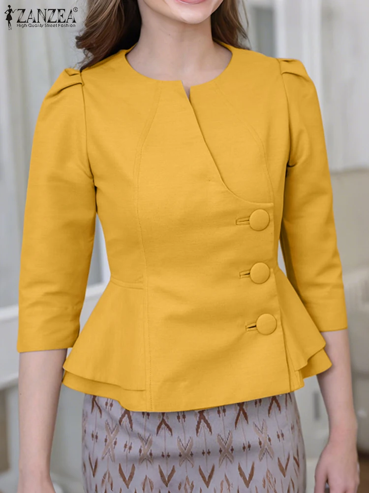 

ZANZEA Women Elegant Shirts 2025 Autumn 3/4 Sleeve Casual Solid Color Tunic Tops Fashion Buttons up Fashion Office Lady Blusas