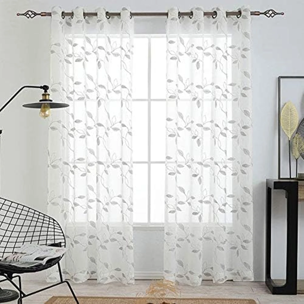 Sheer Window Curtains Leaves Embroidered Window Curtains Faux Linen Textured Solid Grommet Voile Drapes for Living Room 2 Panels