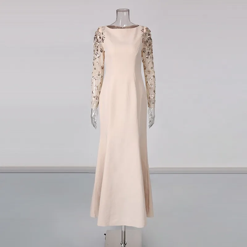 فستان جديد أنيق وأنيق برقبة واحدة وأكمام طويلة ومرصع بالألماس #4