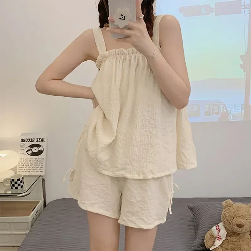 Girlish Sleeveless Cozy Summer Sets Sleepwear Cool Homewear Tender Comfortable Loungewear Women Sweet Soft Pajama Princess Bow