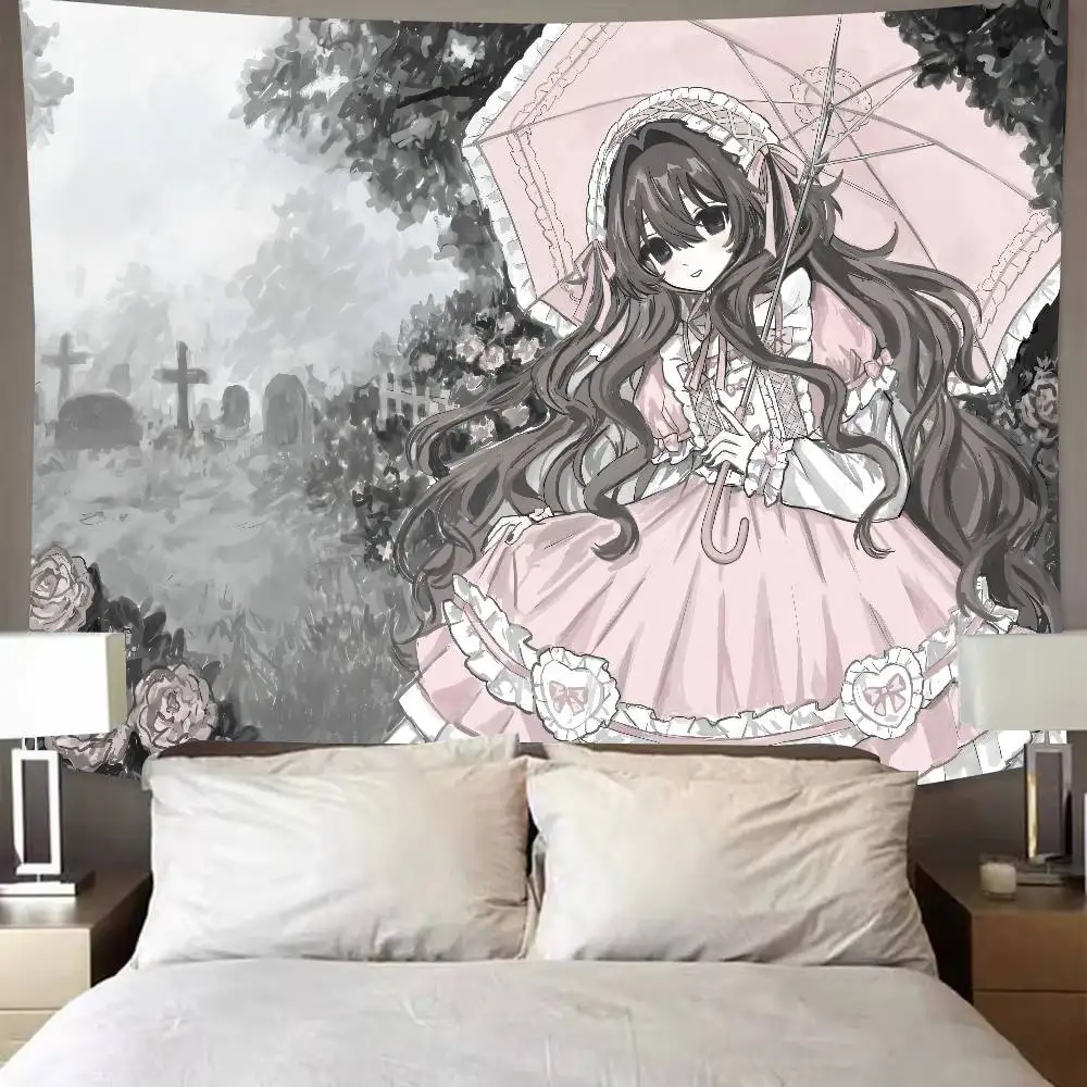 Pink Lolita Anime Girl Tapestry, Gothic Cemetery Scene Wall Sweet Dark Aesthetic Parasol Rose Character Bedroom Dorm Decor