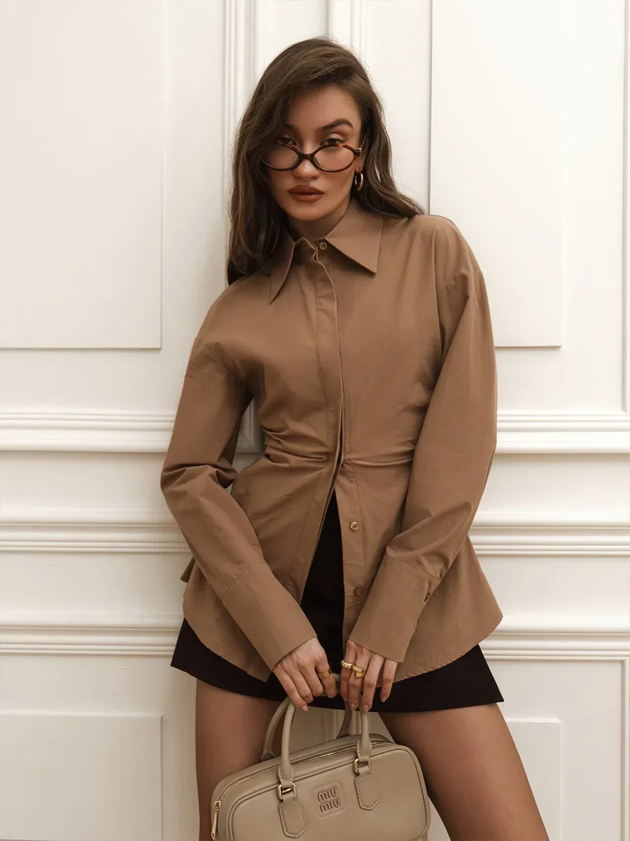 

Fmxires Cotton Slim Fit Shirt Spring Autumn 2025 New Women's Waist Cinching Shirt Temperament Office Lady Long Sleeved Shirt