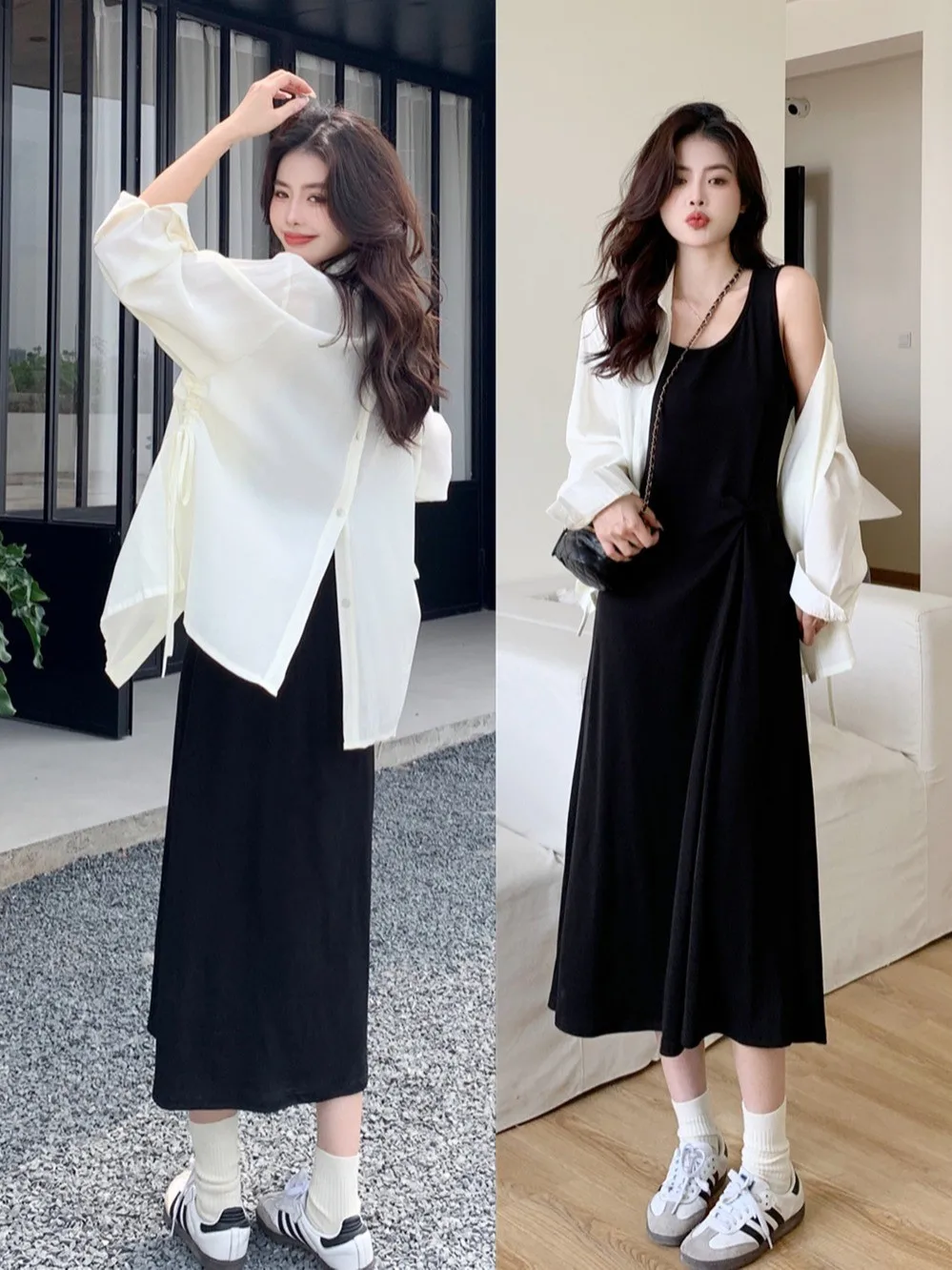 

Женский черный комплект из двух предметов: платье-жилет больших размеров, скрывающее живот, и юбка А-силуэта с высокой талией в корейском стиле, для повседневной носки