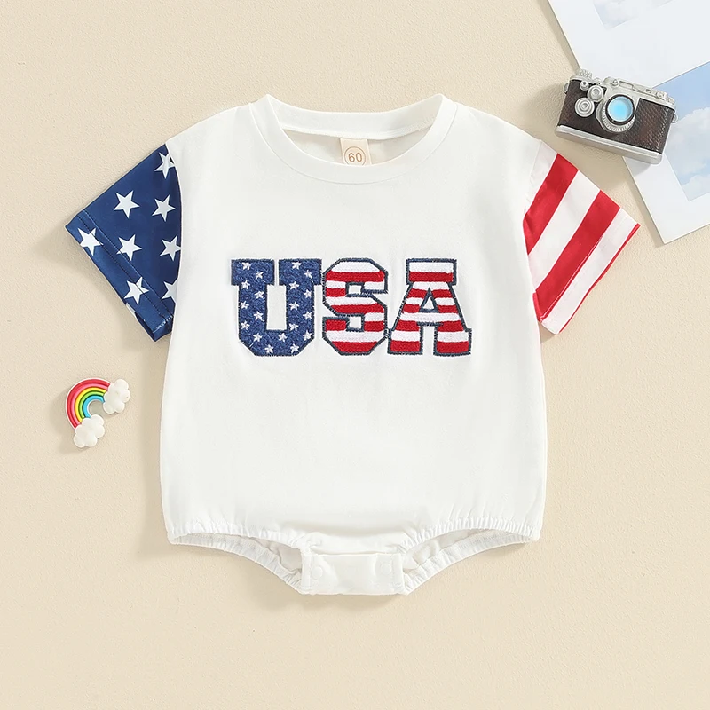 

Independence Day Newborn Baby Girls Boys Romper Summer Toddler Clothes Infant Casual Short Sleeve Letters Star Stripes Jumpsuits