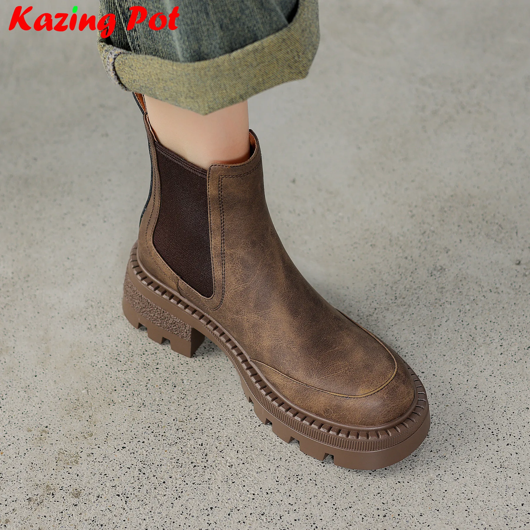 

Krazing Pot Cow Leather Chunky High Heels Modern Chelsea Boots Brand Non-slip Winter Warm Ins Zipper Slip On Comfort Ankle Boots