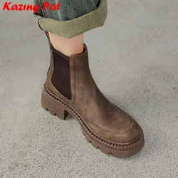 Krazing Pot Cow Leather Chunky High Heels Modern Chelsea Boots Brand Non-slip Winter Warm Ins Zipper Slip On Comfort Ankle Boots