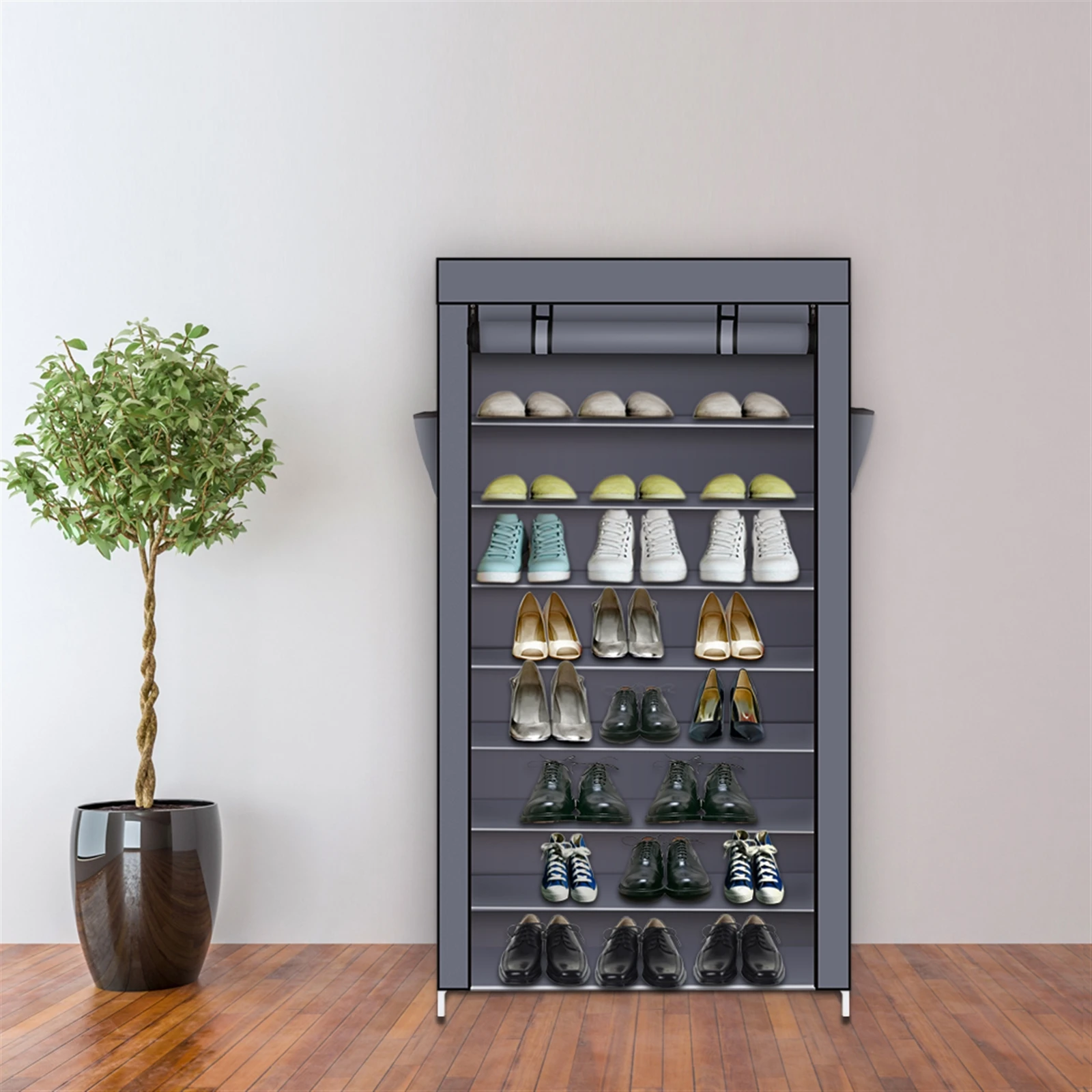 

10 Tiers Shoe Rack with Dustproof Cover Closet Shoe Storage Cabinet Organizer Gray