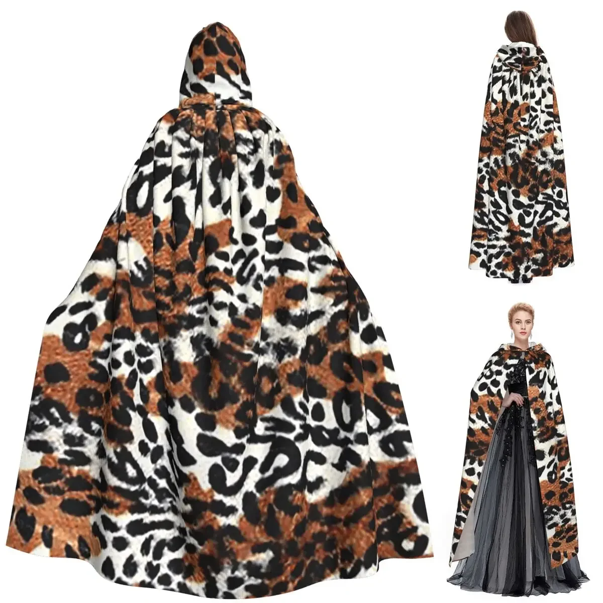 Custom Bengal Tiger Fur Wildlife Print Pattern Long Hooded Cloak Witch Medieval Costume Cosplay Cape HalloweenCoat Adult Unisex