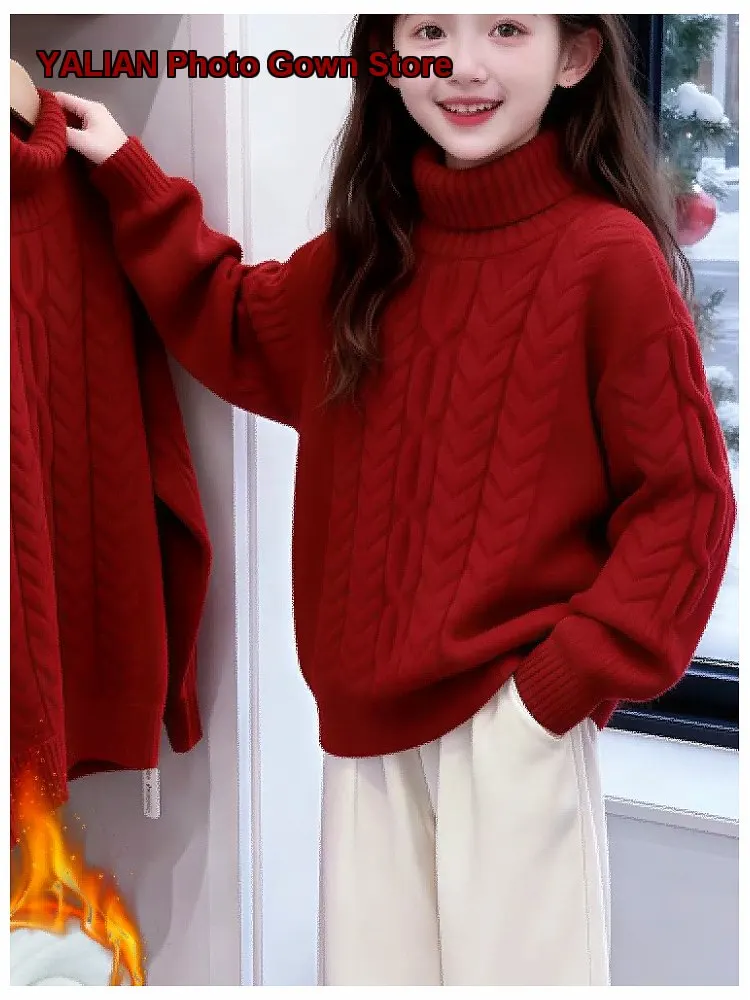 Girls Turtleneck Winter 2025 Thickened Cable Knit Base Layer Top Warm Innerwear Greeting Outfit High Neck