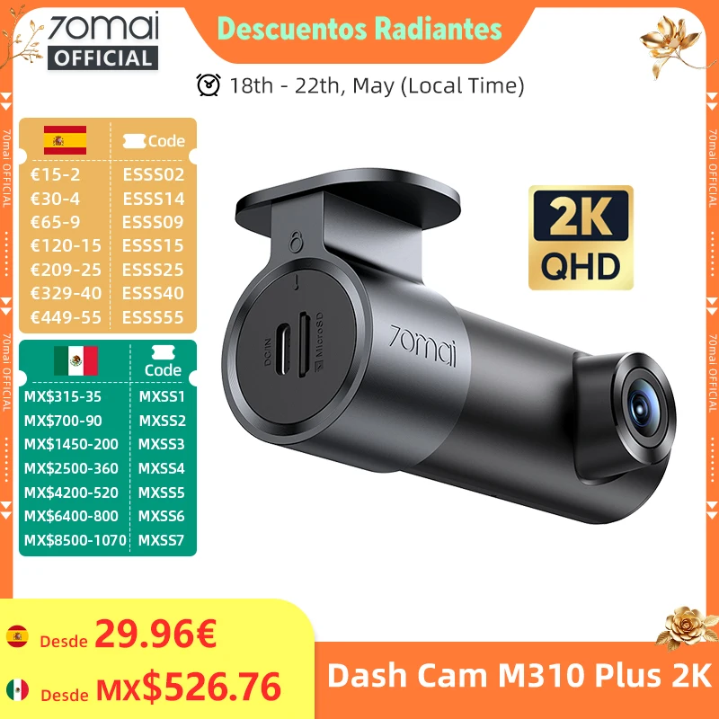 Cámara para Auto 70mai M310 Plus 2K con Control por Voz en Inglés, 1440P, WDR, Visión Nocturna, Vigilancia de Estacionamiento 24H, DVR para Auto 70mai M310 2K con Wi-Fi 6