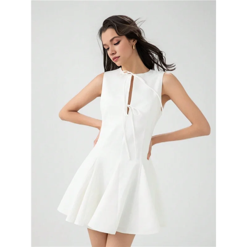 Sem mangas uma linha mini vestido para mulheres verão gravata frontal clube festa arco-vestidos curtos com zíper