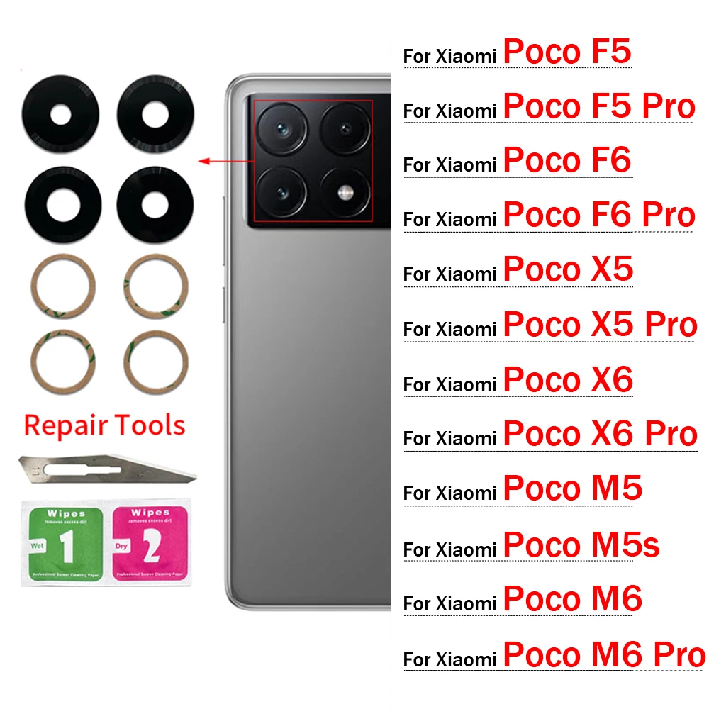 2Pcs/Lot, Camera Glass For Xiaomi Poco F5 F6 M5 M5s M6 X5 X6 Pro 4G 5G Rear Back Camera glass Lens With Adhesive