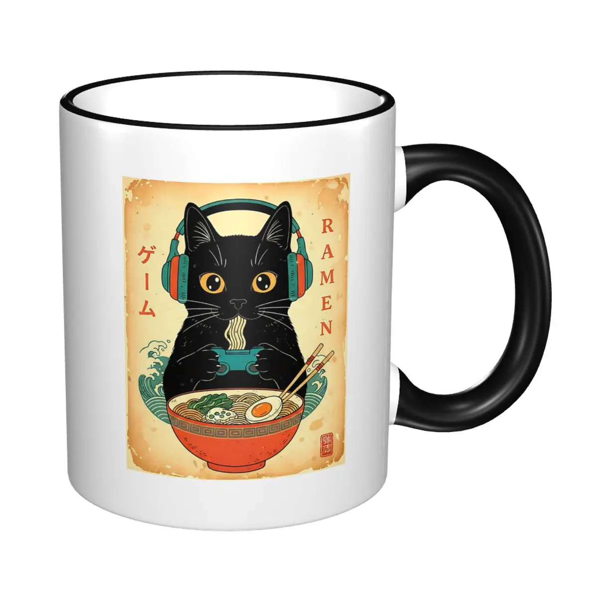Cat Ramen Japanese Graphic Tees Kawaii Cat Anime Mug Funny Ceramic Coffee Cups Tea Mugs Milk Cup Drinkware Gifts for Friends