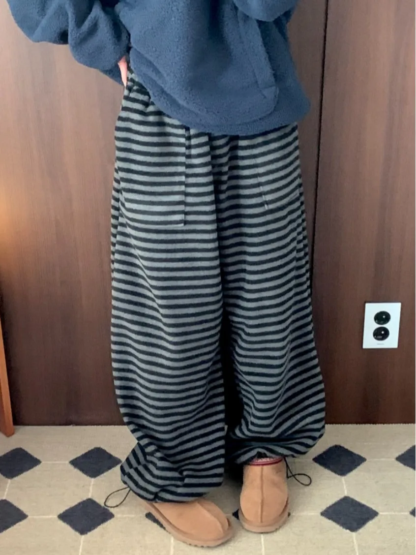 Korean Style Thickened Warm Striped Casual Pants Women's Autumn Winter Fashionable Long Trousers Lazy Matching Easy Wear