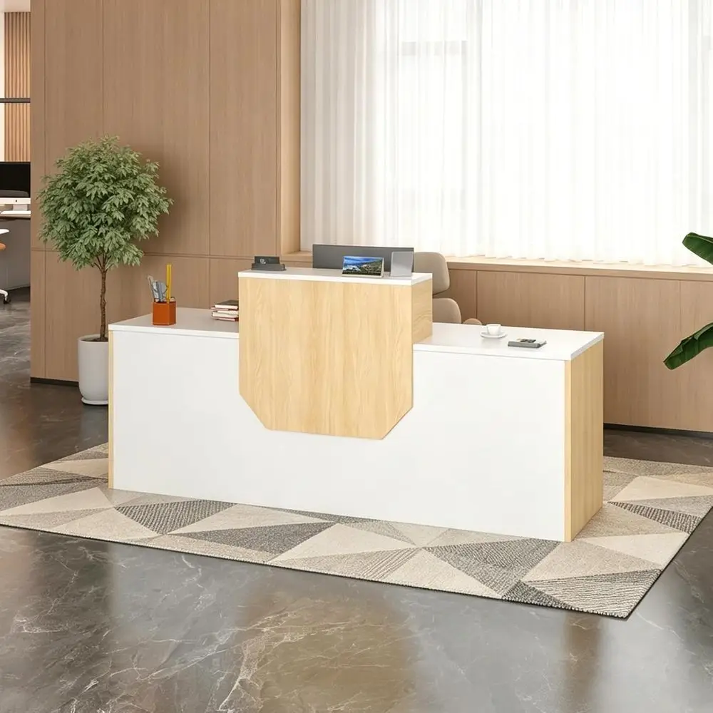

Large 63 Desk for Meeting Rooms with Counter and Drawers, Suitable for Retail, Corporate, and Hotel Offices in White and Wood Fi