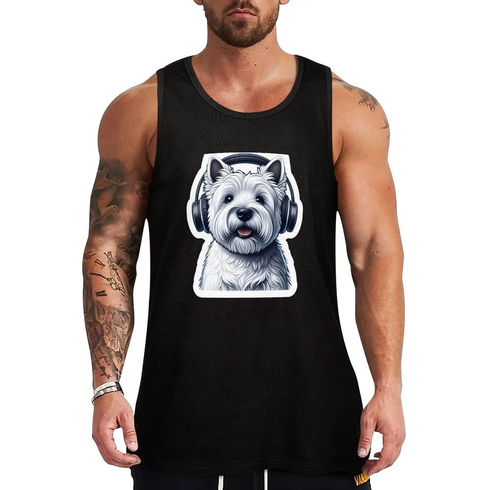 

Dog with Headphones - Westie Tank Top Men's summer clothes Clothing men gym Men sleeveless tee
