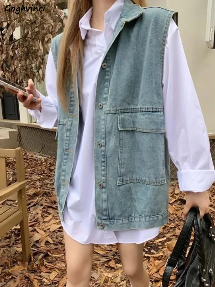 

Джинсовые жилеты женские с карманами весенний корейский стиль универсальные популярные удобные женские изящные уличные костюмы для отдыха новые