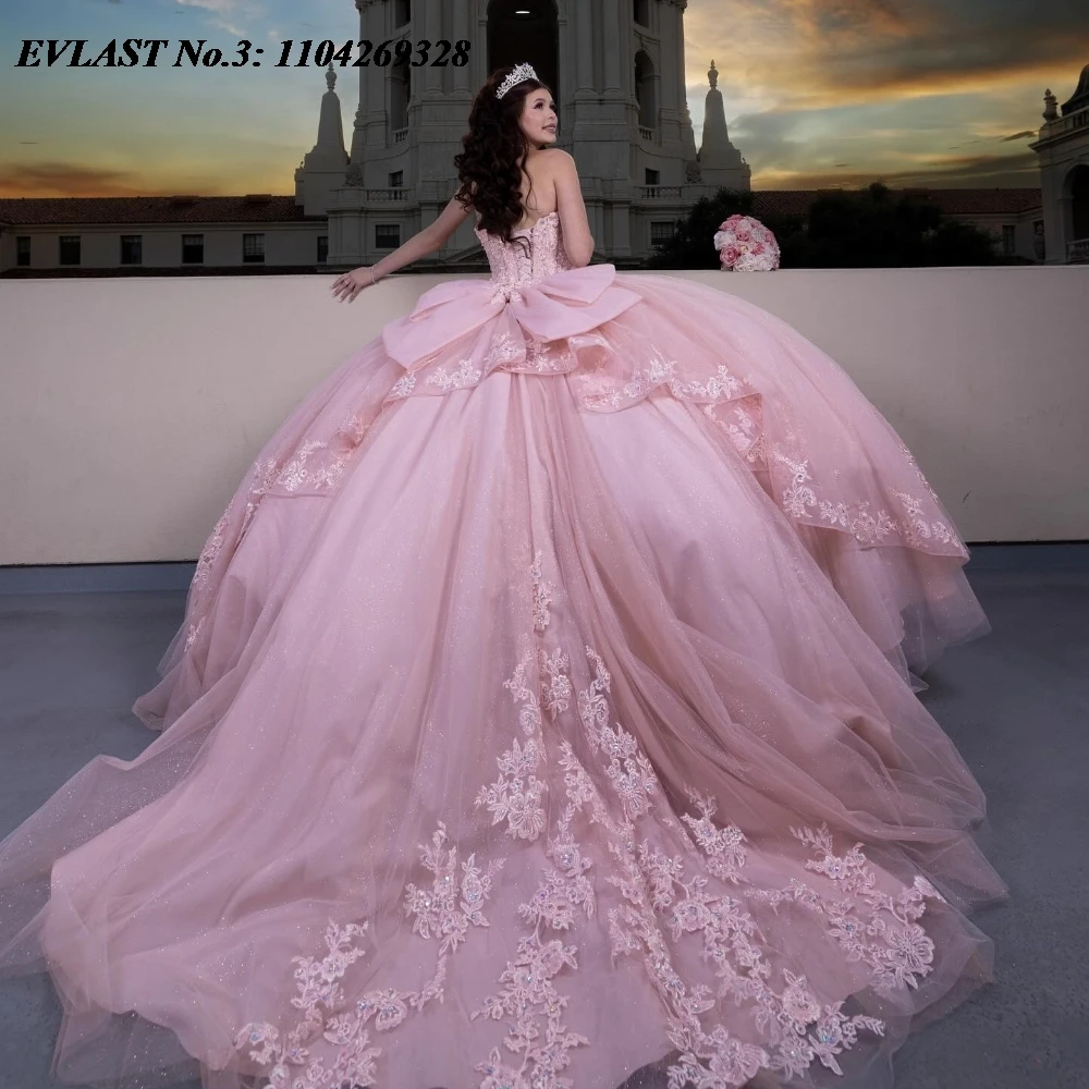 EVLAST-Robe de Bal Rose en Dentelle pour Femme, Tenue Personnalisée avec des Appliques de Perles et un Nministériels d à Plusieurs Niveaux, E3Q188