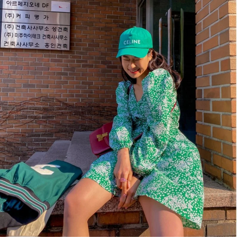 Retro kwiatowy wzór, dekolt w serek, wysoki stan, wyszczuplający, na przerwę na herbatę, elegancki, damski, wiosenny, nowy, styl koreański, swobodny, elegancki.