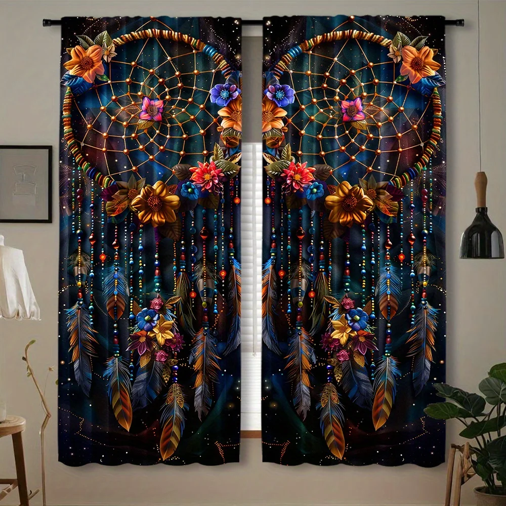 Colorful Dreamcatcher Curtains, Floral Feather Bead Dream Catcher Starry Dark Sky Boho Art Window Drapes for Bedroom Decor