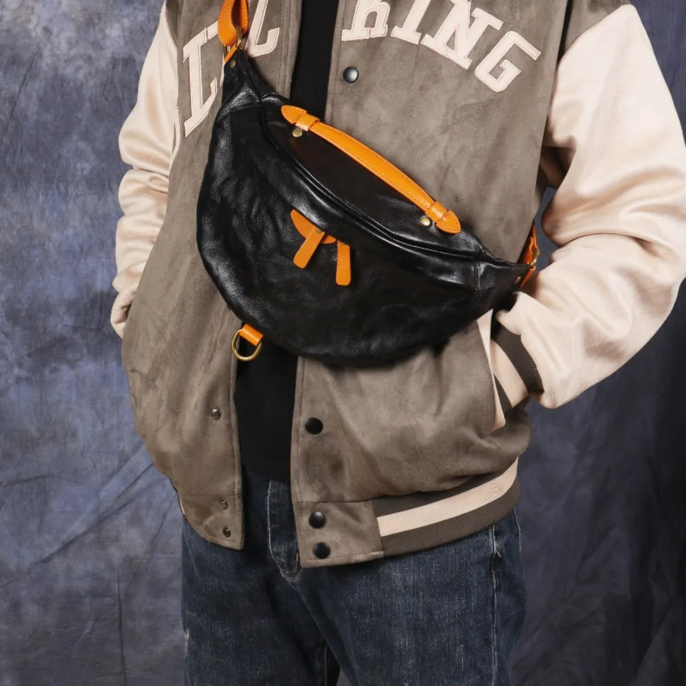 

New Retro Men's Breast Bag First Layer Cowhide Diagonal Span Small Genuine Leather Casual Fashion Shoulder Backpack Handmade
