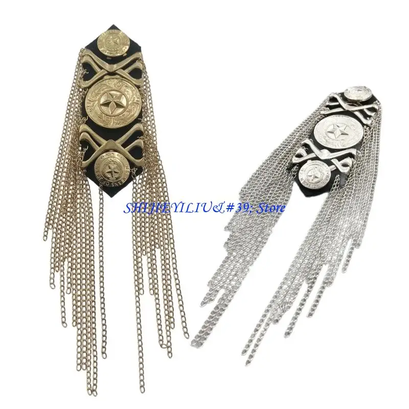 

E21F Punk Fringed Epaulettes Uniform Accessories Cool Tassels Epaulettes Hip Hop Fringed Badge for Suits Evening Dress