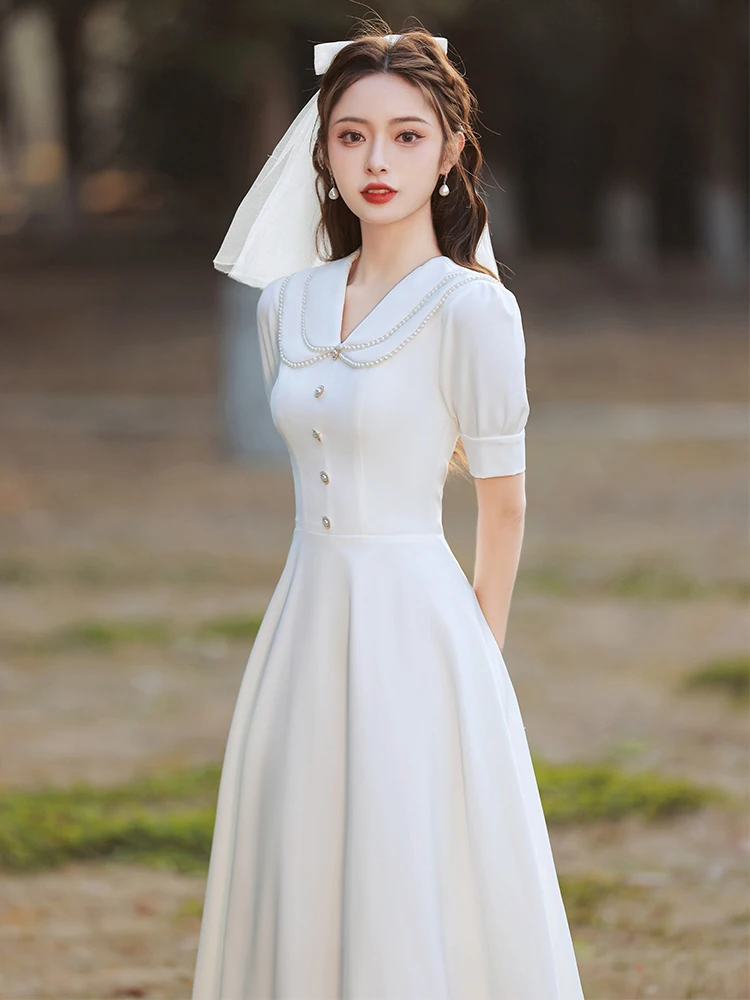 

Ele White Evening Dr Women's ort Size Formal Gown Slimming A-Line Skirt Bubble Sve Zipper Ba Sle for All Occa...