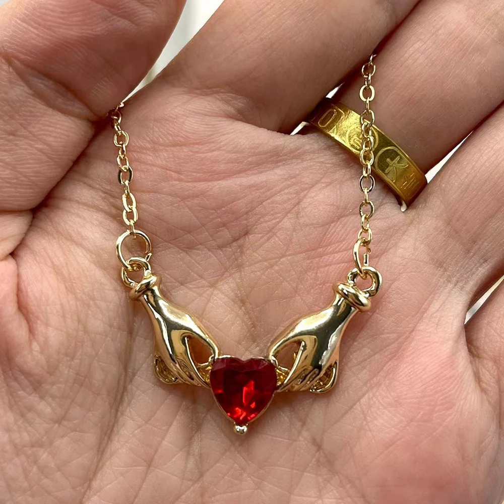 Creative Hands Red Rhinestone Love Heart Charms Pendant Necklace Jewelry Trendy Alloy Zirconia Choker Necklaces Party Gift image 3