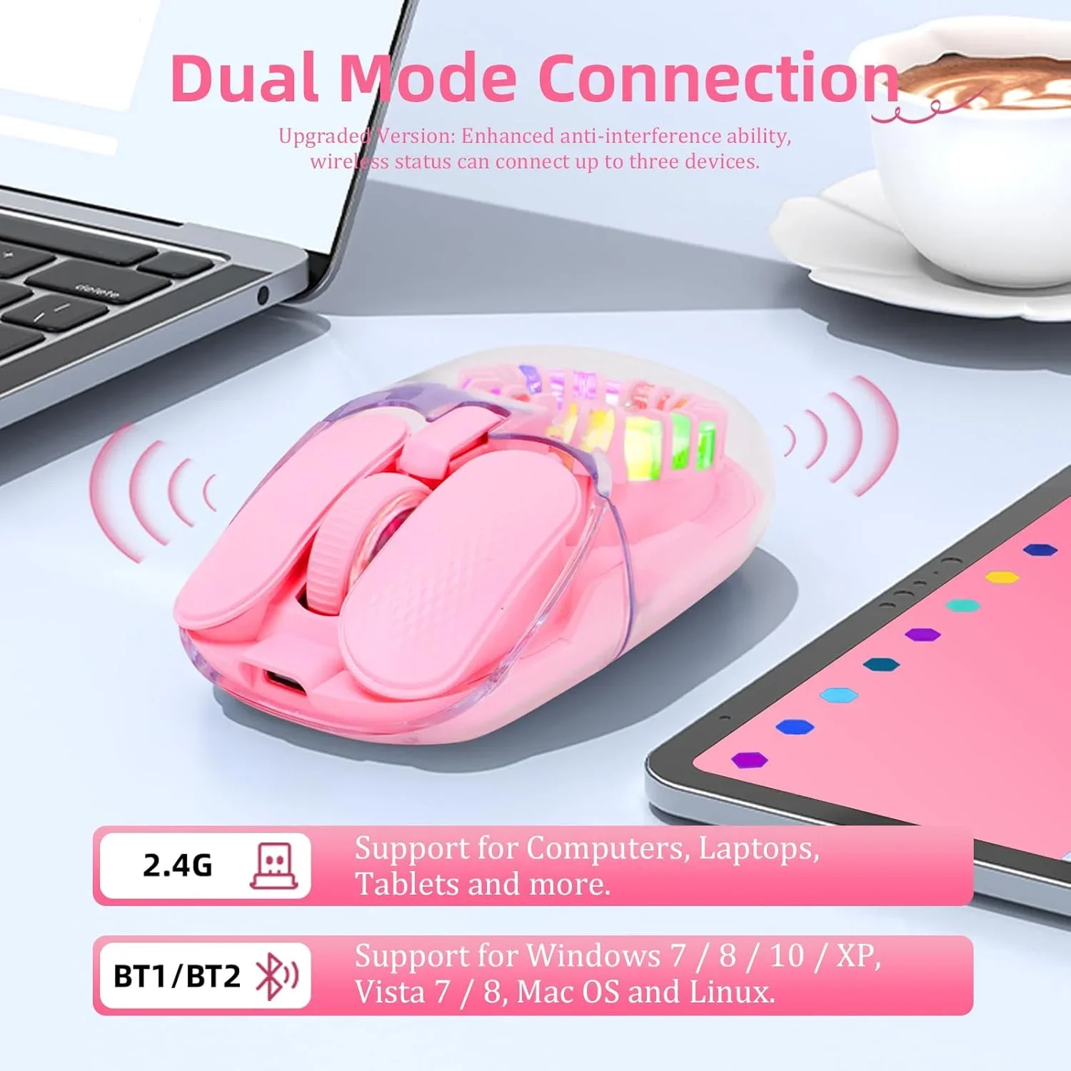 RGB Transparent Wireless Dual Mode Mouse 2.4G & Bluetooth Rechargeable Flow Lighting 1600 DPI Cute Computer Mouse for Win Mac OS