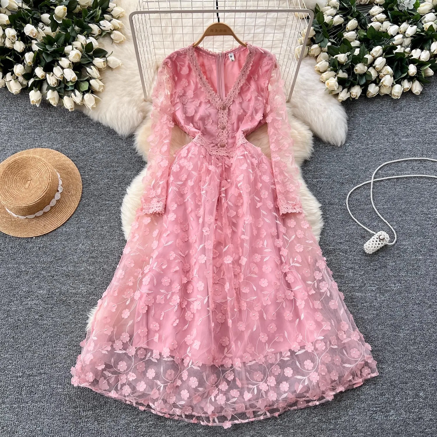 Floral bestickte Mesh-Overlay Vintage lange Kleider für Frauen hohe Taille V-Ausschnitt Langarm Geburtstagsfeier elegantes Herbstkleid