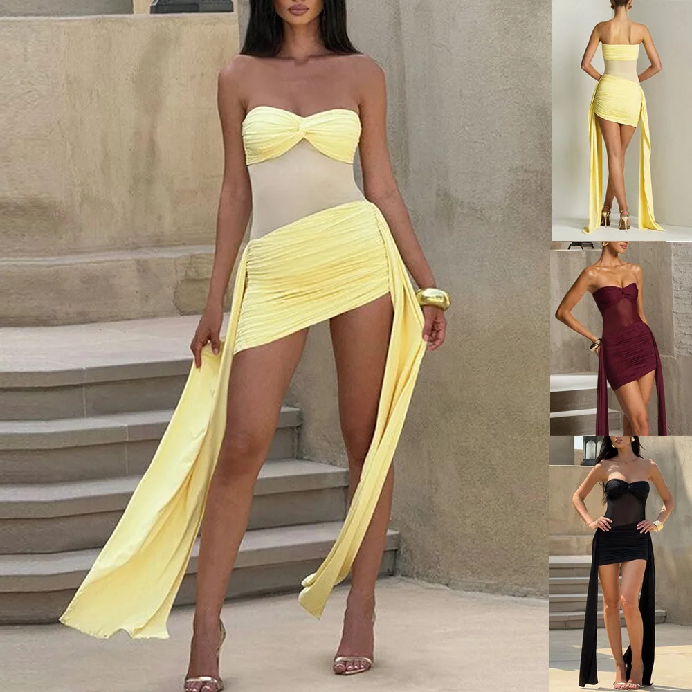 

Dress Women Elegant Mesh Patchwork Strapless Maxi Dresses Spring Summer Solid Color Bow Tie Belted Evening Dress