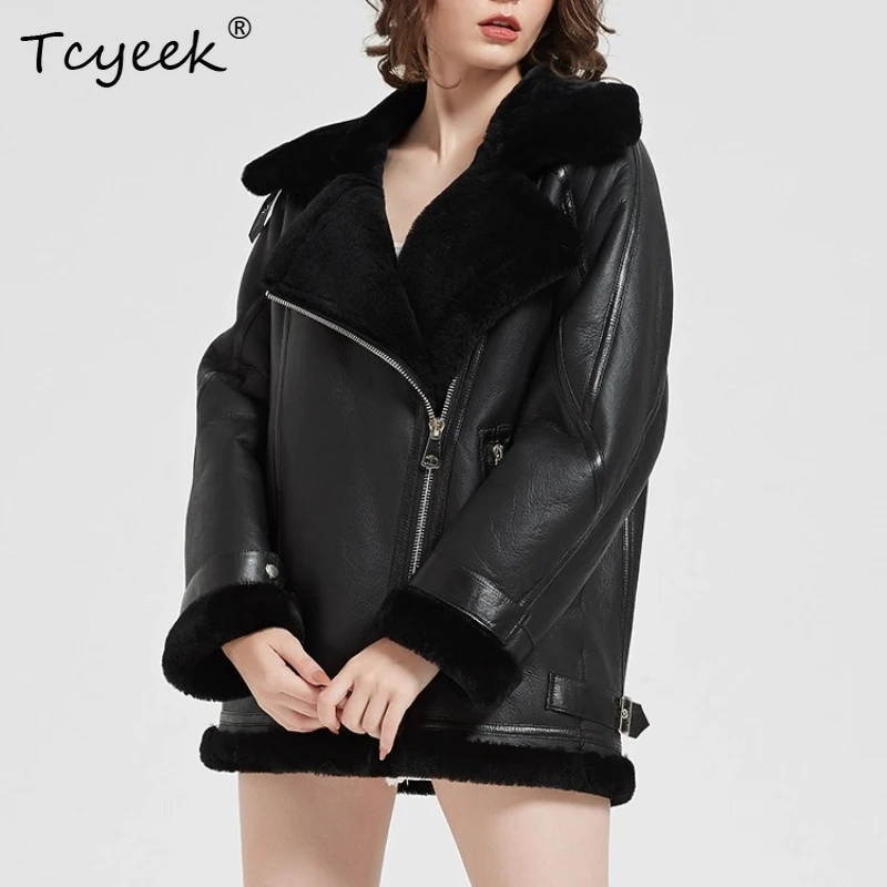 

AYUNSUE куртка из натуральной овчины, зимняя одежда, пальто из натурального меха 2025, женские винтажные мотоциклетные куртки, женская уличная одежда