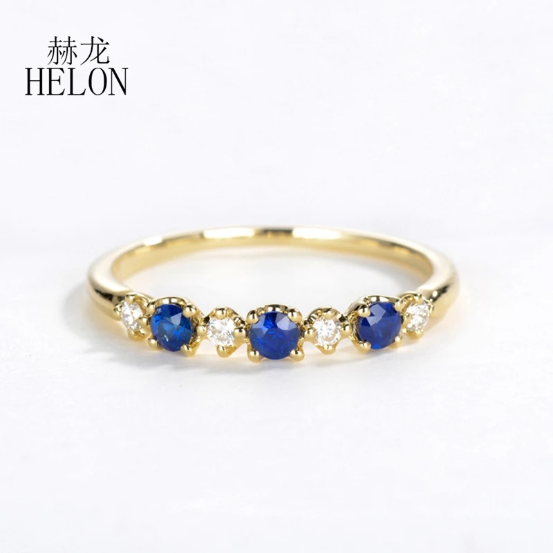 HELON Solid 14K AU585 Yellow Gold Round SI/H Natural Diamond Engagement Ring Women Real Sapphire Anniversary Trendy Fine Jewelry