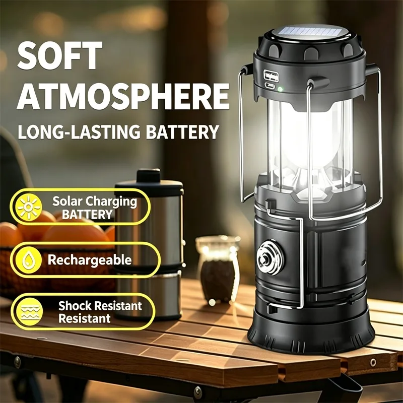 Solar Camping Lantern USB Rechargeable Portable Hanging Emergency Flashlight For Outdoor Hiking Travel
