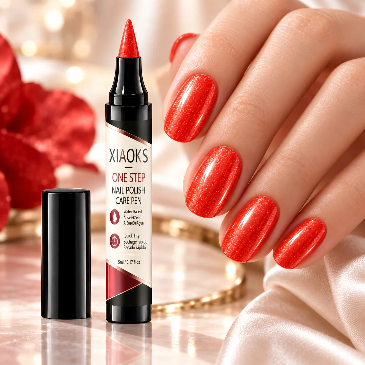 Xiaoks Flame Red Nail Art Pen, Swiss-Imported Pearlescent Color-Enhancing Ingredients, One-Step Application Without Baking, Quick Film Formation and Drying, Scratch-Resistant and Wear-Resistant Lacquer Film, Not Easily Chipped or Scratched. Easy to Use for Beginners, High Gloss Finish, Waterproof and Long-Lasting Film Formation, Anti-Peeling and Non-Curling Lacquer Film. The Pen-Shaped Design Is Portable, Allowing for Quick Touch-Ups Anytime, Whether at Home or on the Go. DIY Nail Art, Easily Creating a Daily Manicure Look.