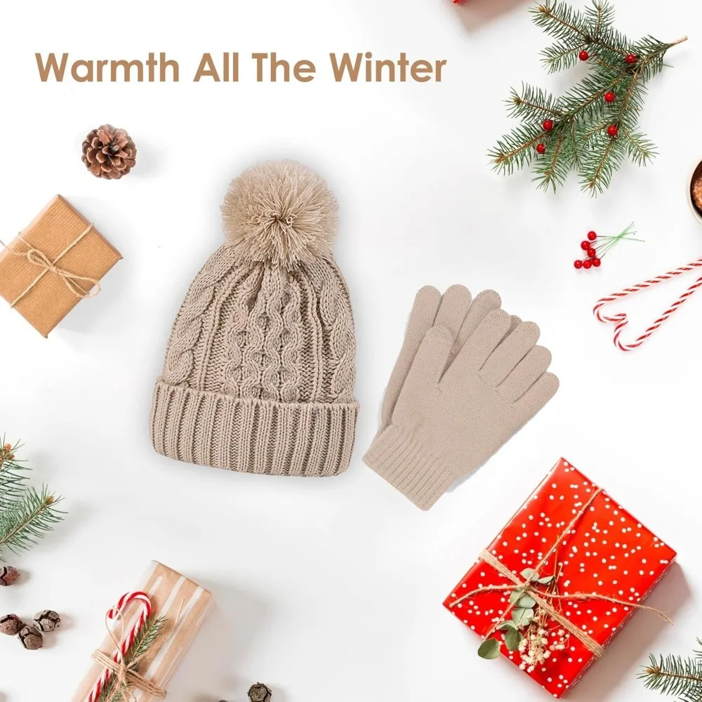 مجموعة قفازات نسائية شتوية دافئة متماسكة قبعة صغيرة مبطنة بالصوف مع قفازات تعمل باللمس