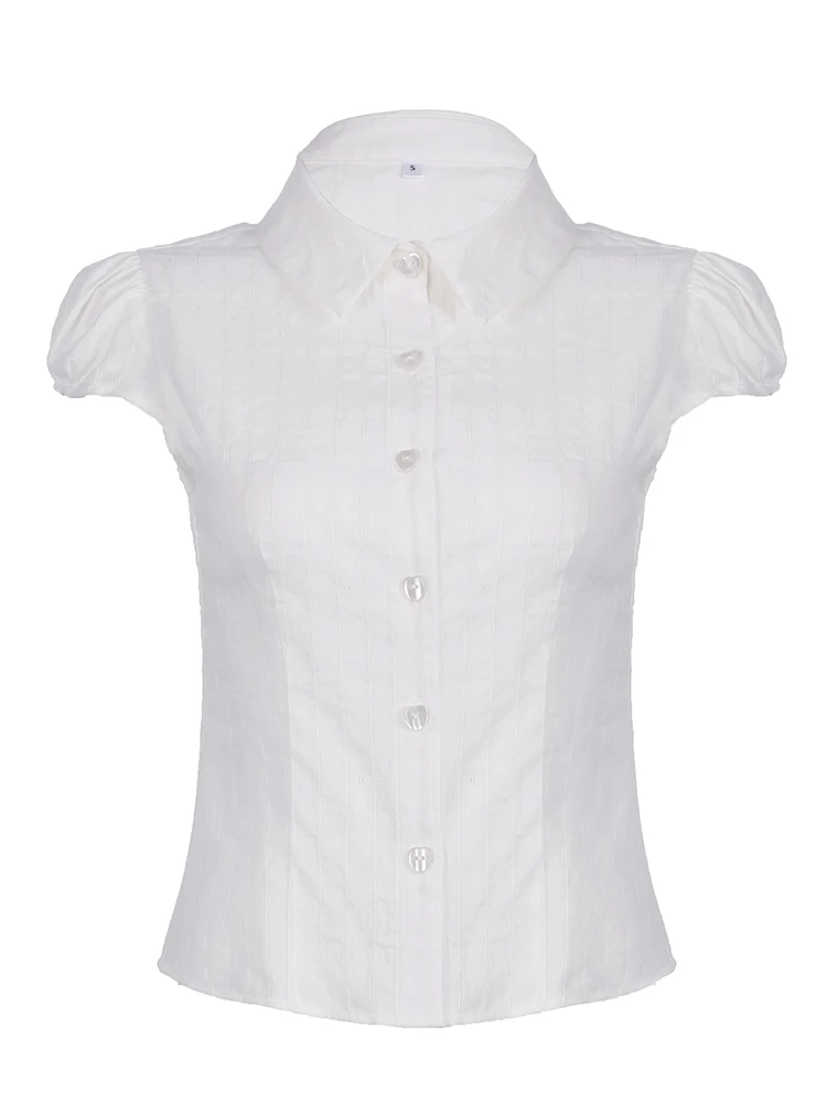 Sweetown White Solid Single Breasted Turn Down Collar Casual Shirts Women Simple Puff Sleeve Japanese Y2K Preppy Summer Tops