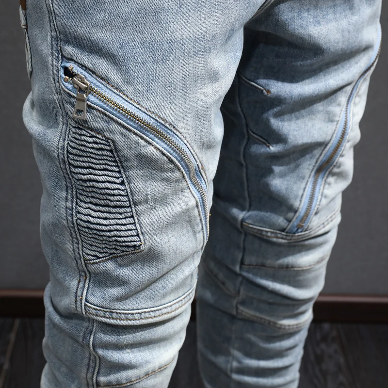 Street Fashion Men Jeans Retro Light Blue Elastic Stretch Skinny Ripped Jeans Men Spliced Patched Designer Hip Hop Pants Hombre