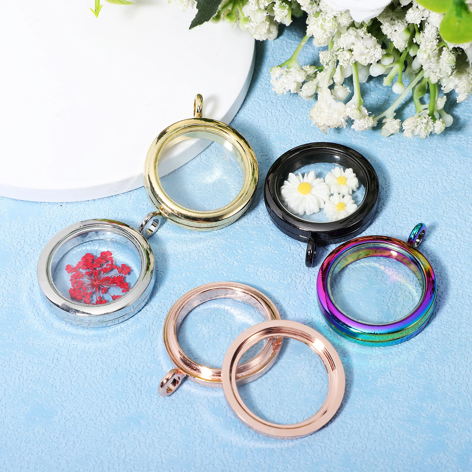 

5Pcs Photo Locket Pendant Round Clear Alloy Floating Memory Charms Double Sided Photo Charm for Jewelry Making